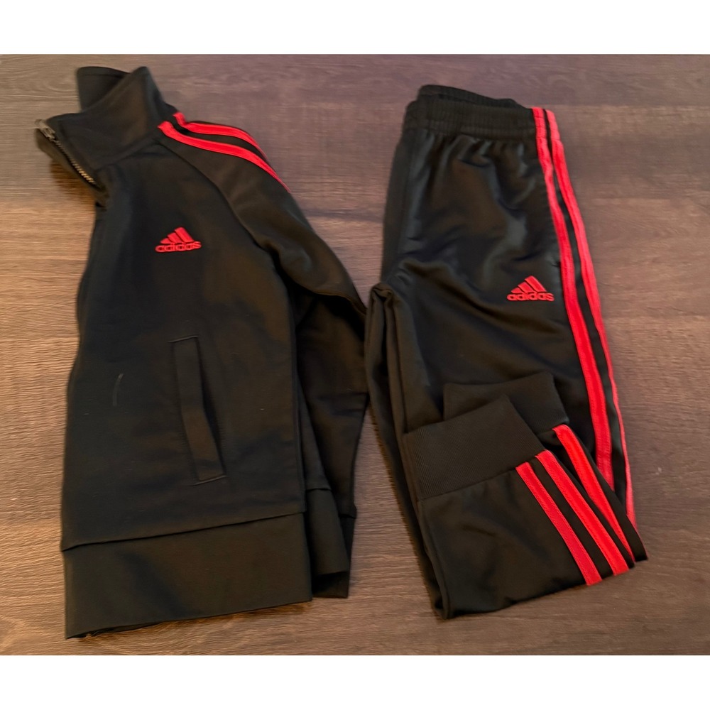 Adidas‎ Boys Tracksuit Set Black Red 3-Stripe Zip Jacket Jogger Pants Size 4